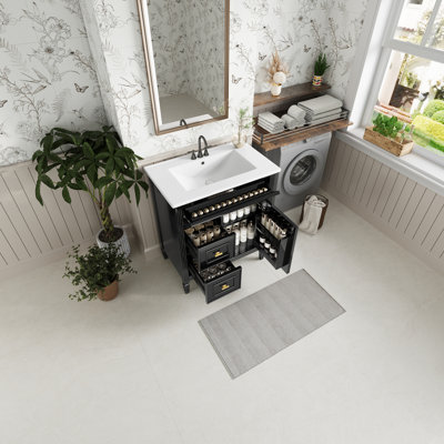 Armoire de meuble-lavabo de 30 pouces avec lavabo à poser, en bois massif et noir, un tiroir rabattable, deux tiroirs, une tablette réglable, un rangement pratique en céramique peu encombrant