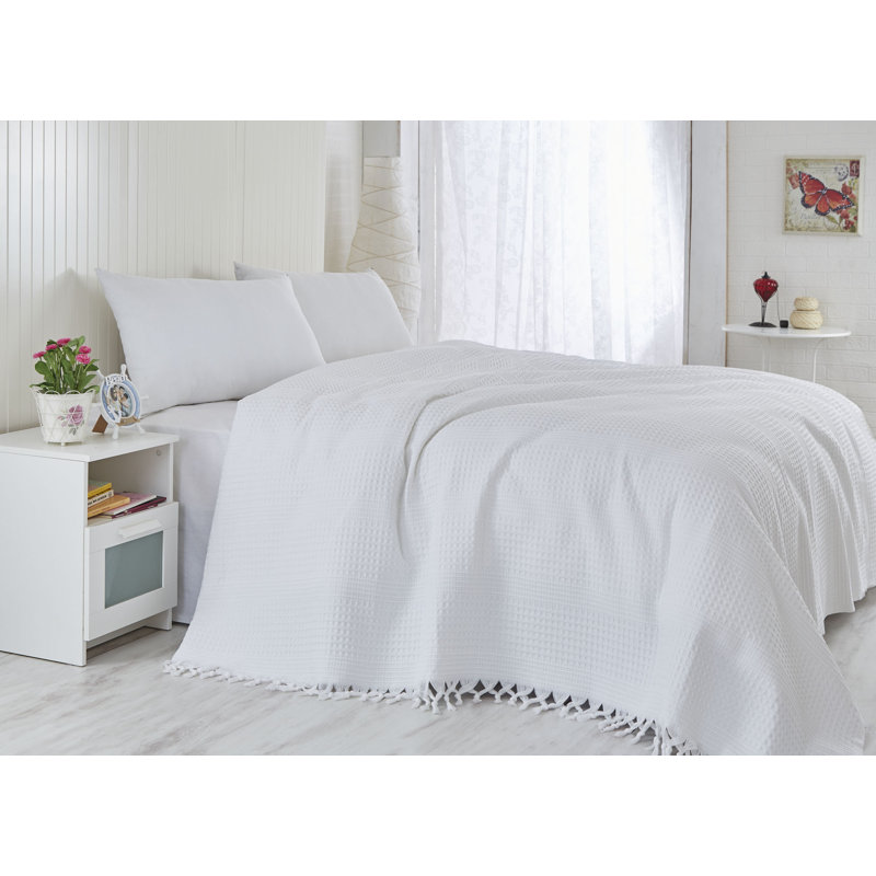 Couvre-lit double fait à la main 100% coton, 86,6 x 94,5 | 340 g / m², non élastique, lavable en machine à 86 ° F, couleur blanche élégante avec frange | Doux, durable, parfait pour tout décor de chambre à coucher