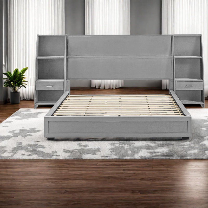 Lits avec rangement, plateforme moderne en velours de fibres à densité moyenne pour maison compacte