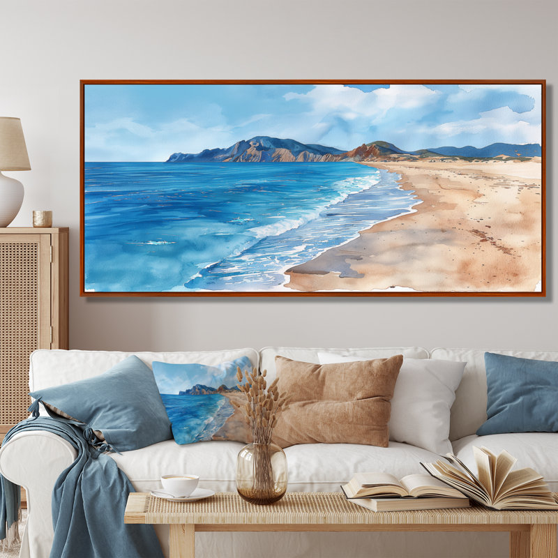 Évasion balnéaire italienne bleu et blanc III - Décoration murale de plage, Cadre flottant brun, H 30 po x l 40 po
