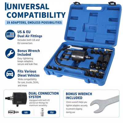 23-Piece Pneumatic Injector Puller Set For Diesel Engines With AISI 1045 Steel Construction, 5-8 Bar Air Vibration Removal, 19 Adapters, Extractor Hammer And Extension Hose In Blue Plastic Case