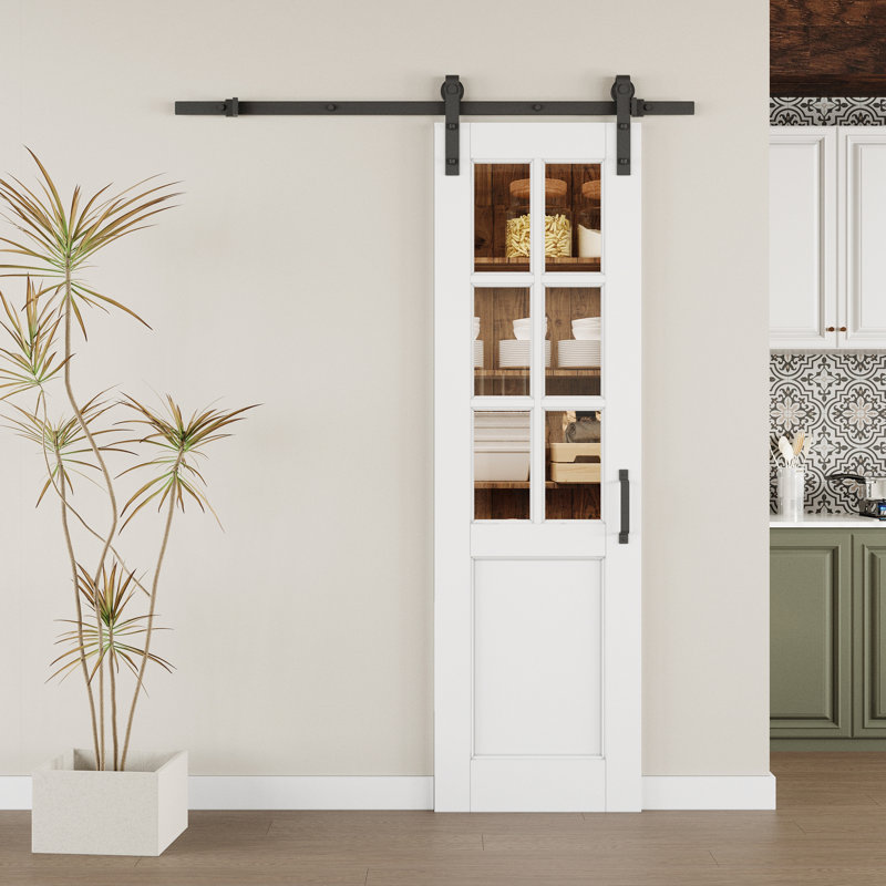 Modern White Primed And  6-Lite Clear Glass Sliding Barn Door With Installation Hardware Kit(No Assembly Required), 24" x 80"