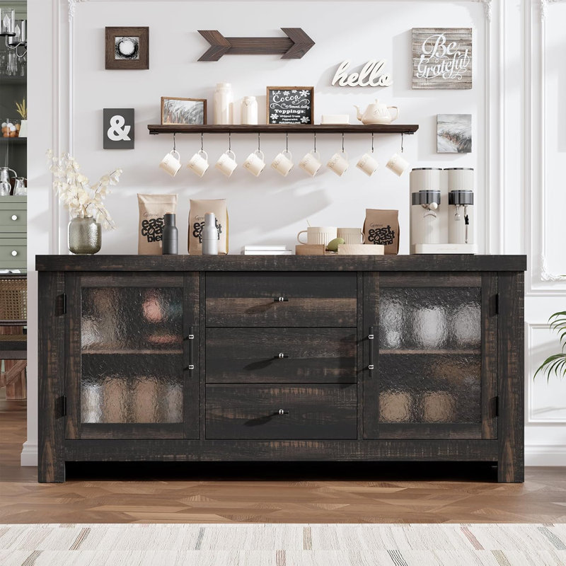 54.4" Buffet Sideboard, Accent Storage Cabinet with 2 Glass Doors & 3 Drawers, Coffee Bar Table, TV Stand for Living Room, Kitchen, Dining Room, Black