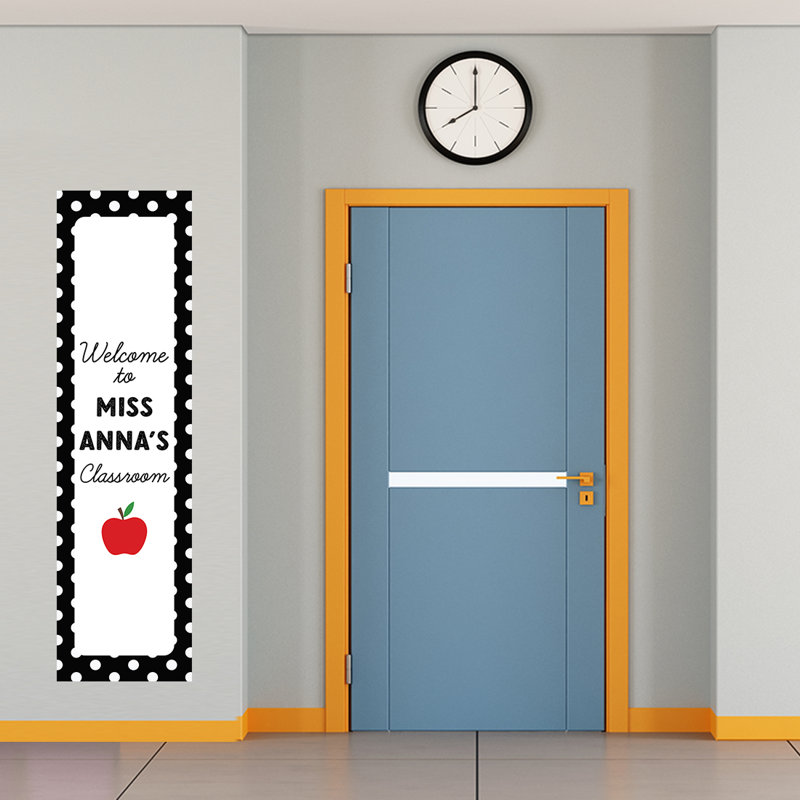 Vertical Custom Classroom Welcome Banner Sign For Teachers, Black & White Polka Dots, Door, Wall Decor, Oui