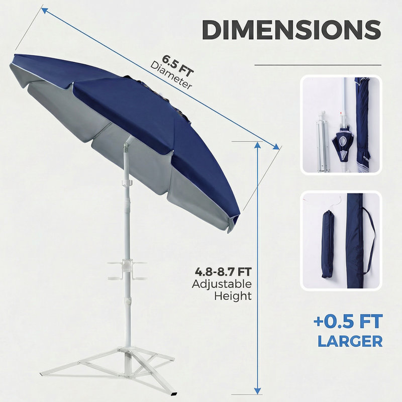 Parasol d'extérieur portatif 7 pi avec support - Parasol UPF 50+, inclinaison réglable, porte-crochets et porte-gobelet, parasol de plage et de camping