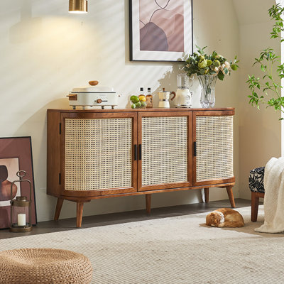 Vintage Rattan Wood Cabinet Double-Layer Storage