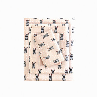 Cozy Animal Print Cotton Sheet Set - Twin XL Pink French Bulldog - Ultra Soft Cold Weather Bedding - Novelty Stars Design - 3 Piece