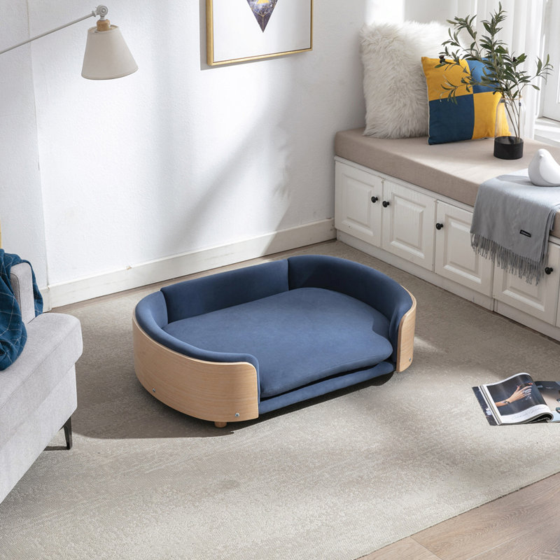 Canapé pour chien de style scandinave, Bleu foncé / naturel, Grand (H 11,02 po x l 38,58 po x P 26,77 po)