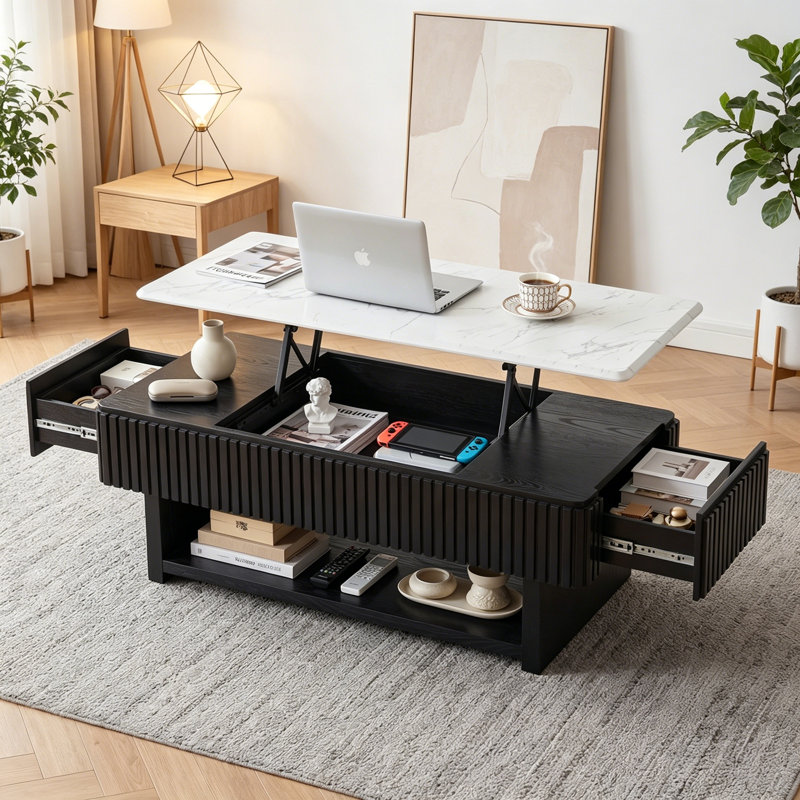Rectangle Dorota à plateau relevable avec tiroir et rangement caché