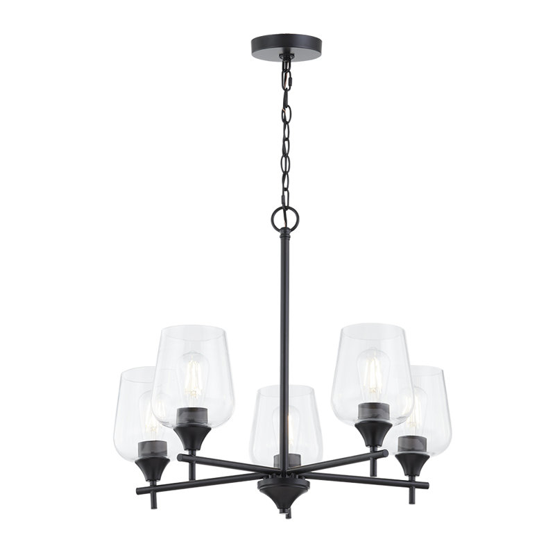 Matte Black 5-Light Chandelier with Clear Glass Shades