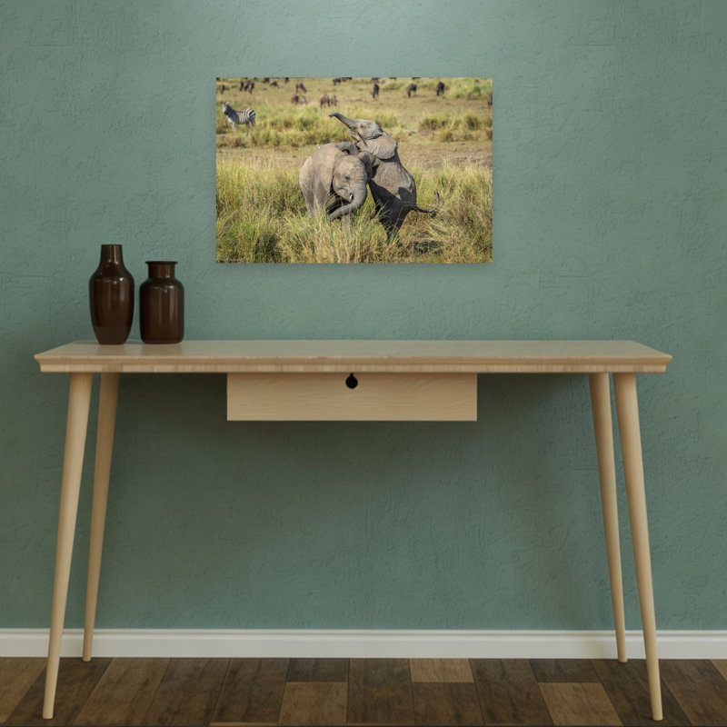 Playful Baby Elephants Energetic Playful Contemporary Elephant Zebra Landscape Nature Wall Art Print by Jeffrey C. Sink - 1 Piece Wrapped Canvas Wall Art