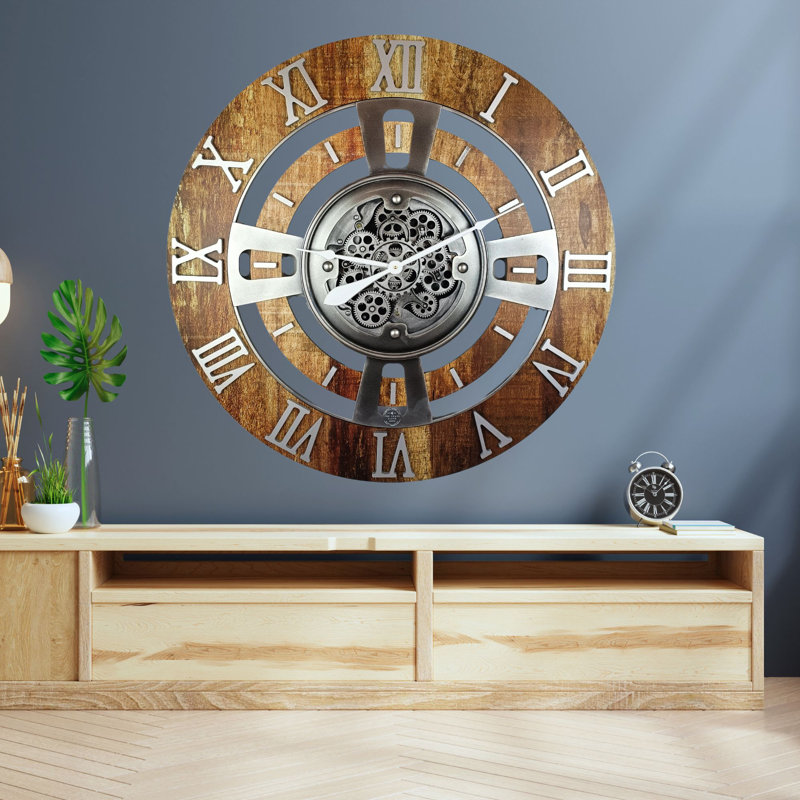Oversized Vintage Brown Fir Wood Wall Clock with Real Moving Gears