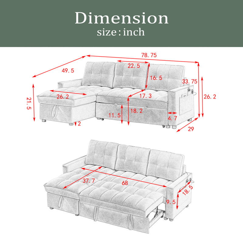 Canapé inclinable de 78,75 po, canapé-lit escamotable avec ports de chargement USB et Tape-C, canapé modulaire en forme de L avec rangement inclinable et rangement avec accoudoirs, canapé de salon confortable