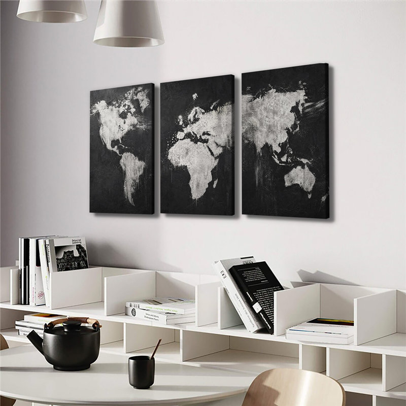 Toile, art mural rétro noir et blanc, carte du monde texturée, décoration murale pour bureau, 24 * 36 pouces * 3
