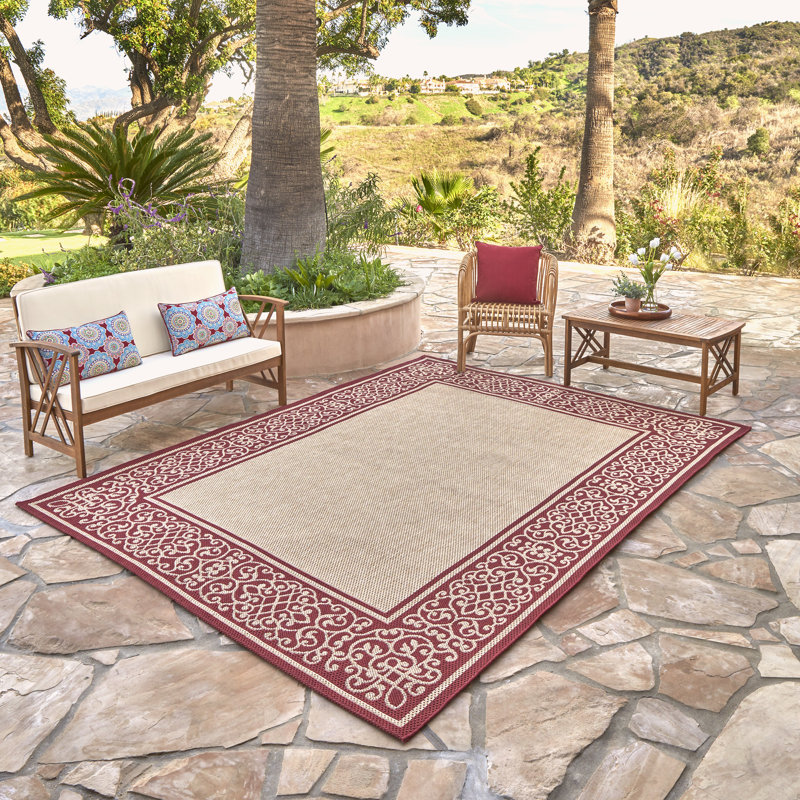 Solterra Portico Red Cream Beige Transitional Wide Scrolled Border Flatweave Polypropylene Indoor/ Outdoor Area Rug