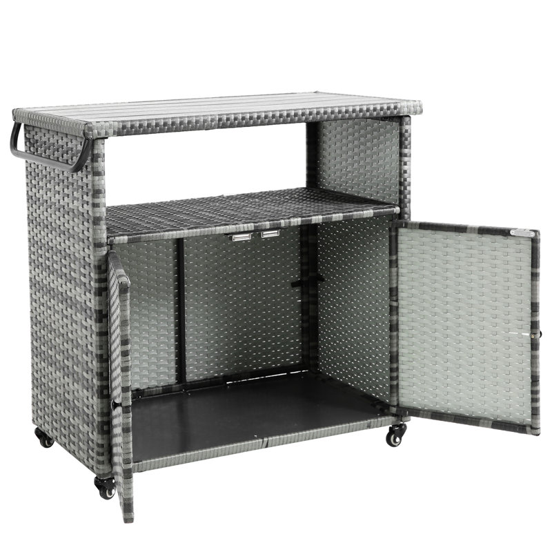 Table de service de bar d'extérieur avec plateau en verre et design - Plateau de chariot à roulettes brun pour le jardin, le porche, l'arrière-cour brun, pratique