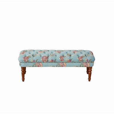Vintage Floral Button Tufted Upholstered Bench with Turned Solid Wood Legs, Multi-use End of Bed Ottoman Bench for Bedroom Entryway & Living Room