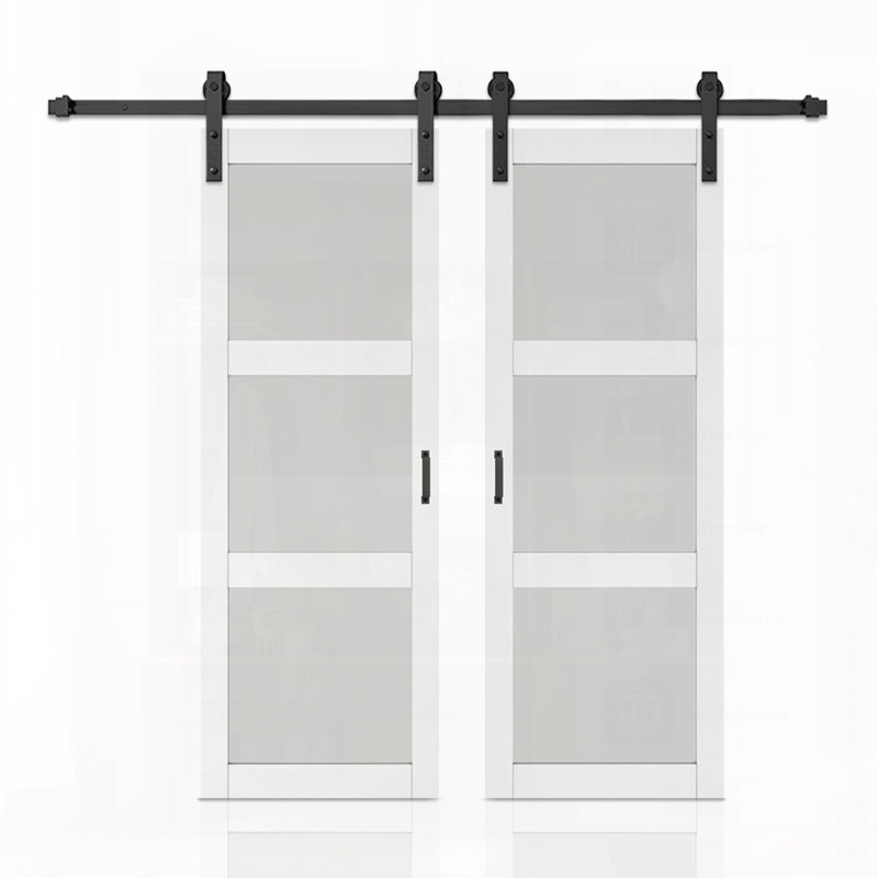 Porte de grange coulissante double en verre trempé givré 3-Lite avec trousse de quincaillerie et poignée pour l'intérieur moderne