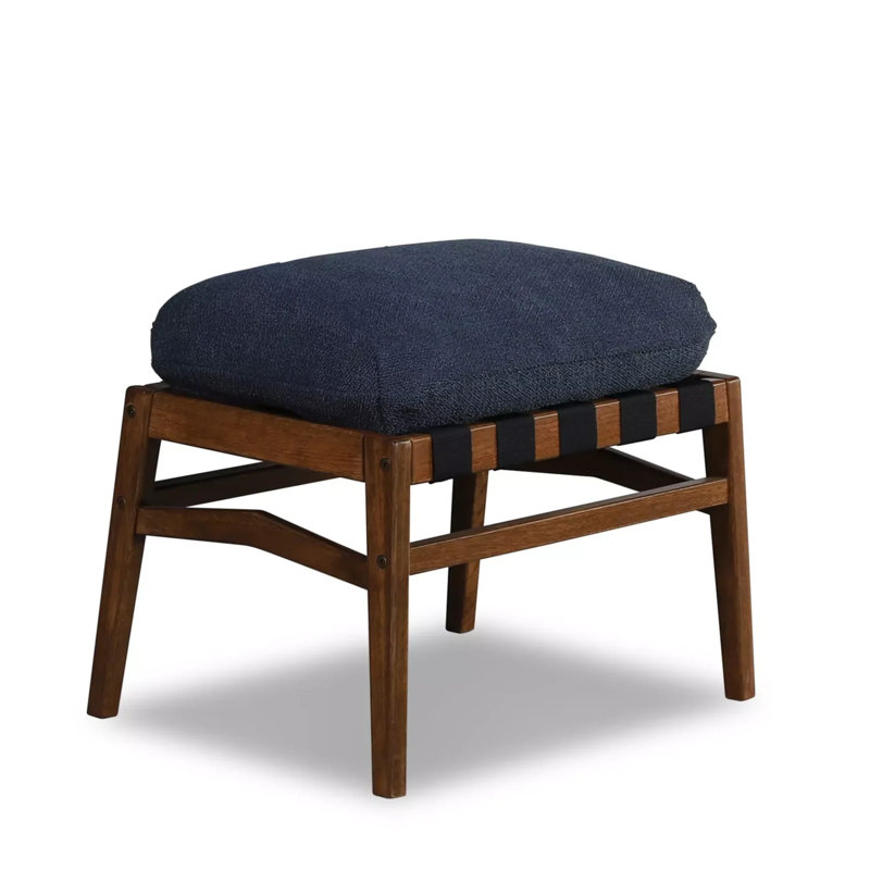 Mid Century Solid Wood Ottoman, Indigo Blue, Brushed Walnut