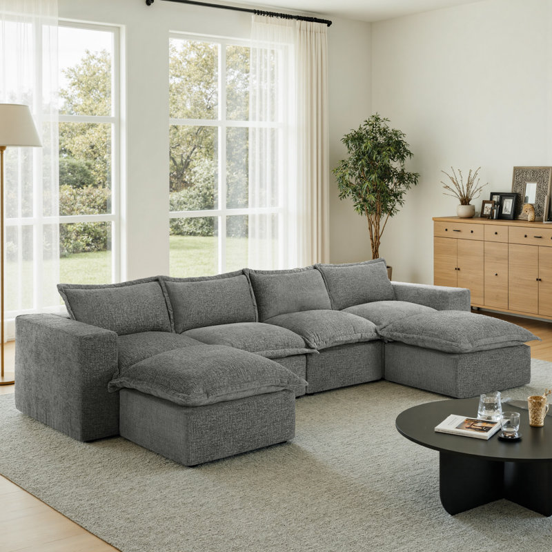 6 - Piece Upholstered Boneless Chenille Modular Sectional Sofa with Removable Ottoman– Fully Compressed, No Assembly Required