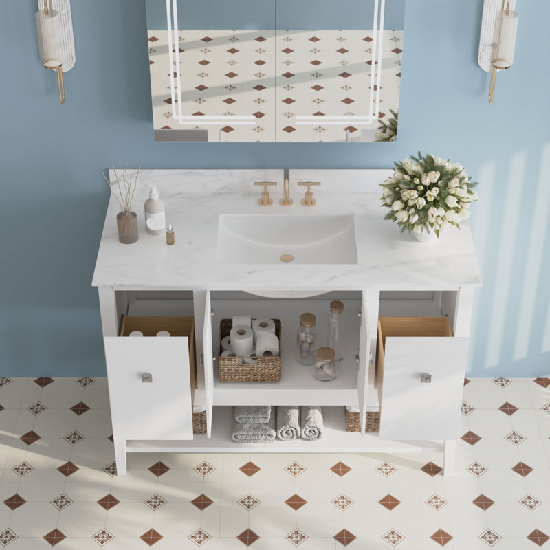  Vela 48" Fully Assembled Single Bathroom Vanity with Engineered Marble Top, Soft Closing and Splash Guard, White