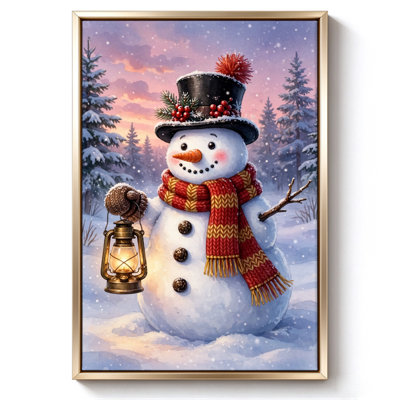 Bonhomme de neige de Noël avec lanterne dans une forêt hivernale, tableau sur toile encadré, cadre beige, 40 x 60 cm
