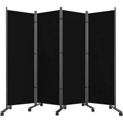 Room Divider 6FT Folding Privacy Screens with Lockable Wheels, 4 Panel Room Partition for Room Separator, 88" W Freestanding Portable Fabric Wall Dividers for Home Dorm Studio Office, Black