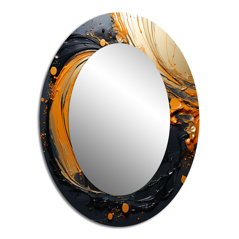 Grand miroir mural ovale en métal noir et orange Marble Moon I, H 40 po x l 30 po