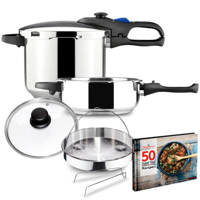 Ensemble de six autocuiseurs en acier inoxydable Magefesa Favorit, 3,2 et 6,3 pte, compatible avec l'induction, base de diffuseur de chaleur, 5 systèmes de sécurité - édition spéciale (panier à vapeur, couvercle et livre de recettes)