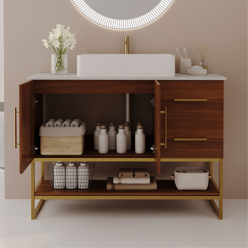Meuble-lavabo moderne de 36 po avec lavabo vasque en céramique, armoire d'appoint dorée, Rectangle, Brown