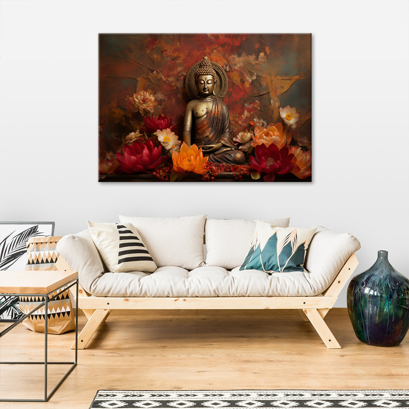 Meditating Buddha And Colourful Flowers - No Frame Print on Canvas, 60cm H x 90cm W