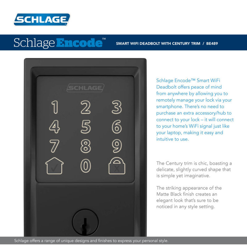 Encode Smart WiFi Deadbolt with Century Trim, Yes, Matte Black