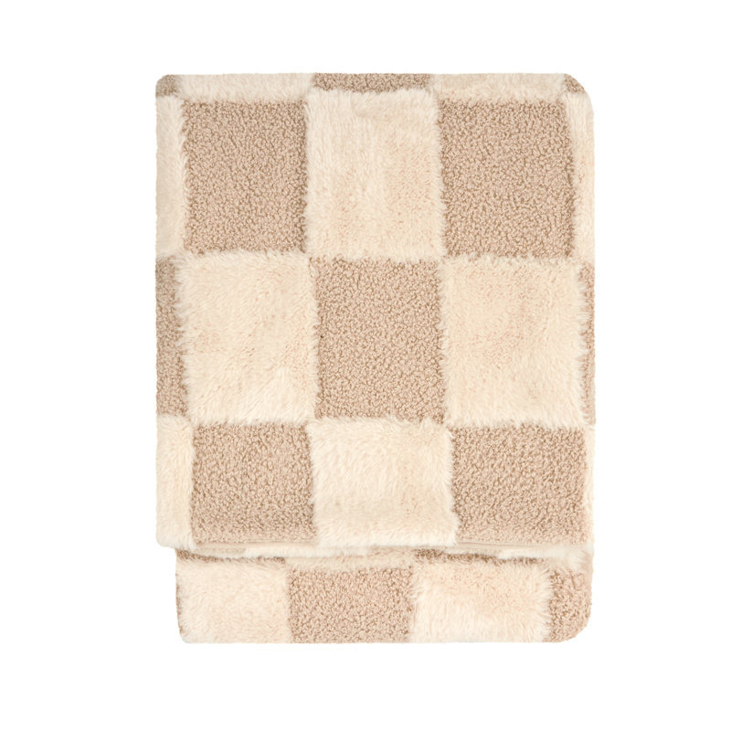 Fur Boucle Check Chequered Knitted Blanket, Beige Chequered