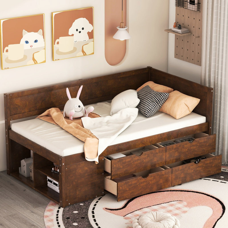 Lit de jour simple avec tiroirs et tablettes en noyer - Allure de chambre à coucher fonctionnelle et fonctionnelle