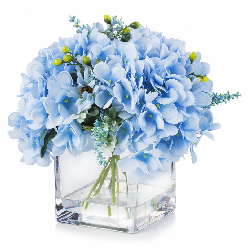 Faux Silk Hydrangea Arrangement in Vase, Blue