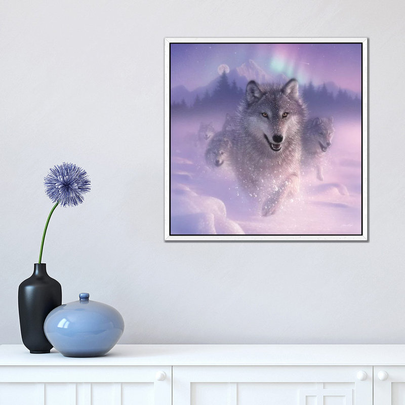 Northern Lights - Running Wolves by Collin Bogle - Print on Canvas, White Framed Canvas, 93.98 cm H x 93.98 cm W