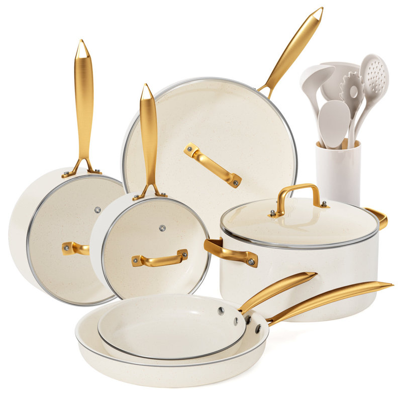 UKWF002 16 - Piece Non-Stick Ceramic Cookware Set, White/Beige