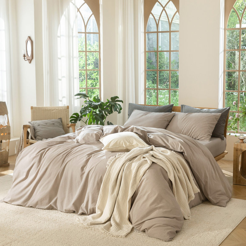 Ensemble de housse de couette 100% coton délavé MooMee, Housse de couette pour très grand lit et 2 taies , Taupe