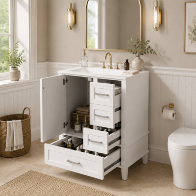 Meuble-lavabo autoportant blanc minimaliste avec quincaillerie et rangement argent