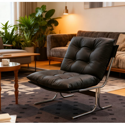 Fauteuil en cuir, fauteuil d'appoint moderne à haut dossier, chaises de salon avec pieds en métal et rembourrage doux, chaises de canapé pour le bureau personnel, la chambre à coucher, la salle à manger (noir - 1 pièce)