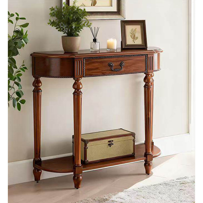 Console vintage en bois courbé avec tiroir de rangement et tablette inférieure, 35.4" H x 43.3" W x 11.8" D, Tan