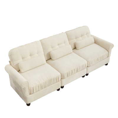 Canapé 3 places en chenille de 250 cm avec bords d'assise froncés, accoudoirs arrondis et coussins de soutien lombaire, coussins fermes et moelleux, canapé capitonné pour salon, salle familiale et chambre à coucher