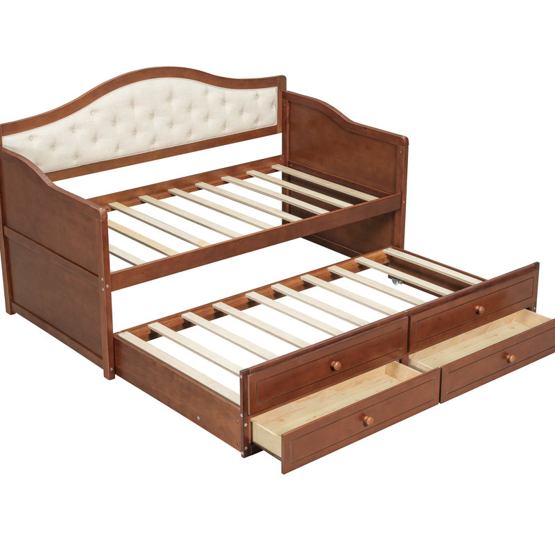 Lit de jour simple avec lit gigogne et 2 espaces de rangement, bouton rembourré - noyer pour les tiroirs de confort, dossier polyvalent teinté