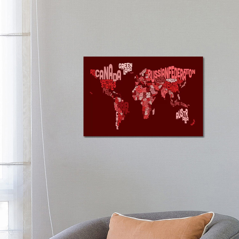 Typographic Text World Map III (Red) by Michael Tompsett - Wrapped Canvas Print, 66.04 cm H x 45.72 cm W x 3.175 cm D