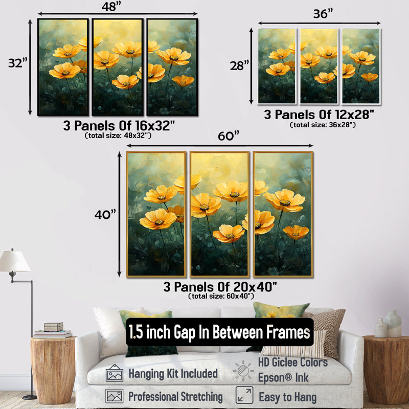 «Dahlia Flower Summer Horizons II» - art mural Dahlia - ensemble de 3, H 40 po x l 60 po, Noir