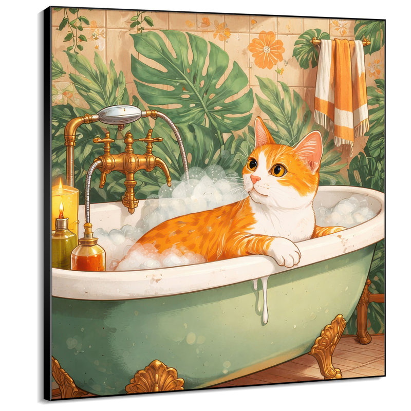 Très grand reproduction d'art sur tissu - Chat mignon orange dans une baignoire spa rétro pour salle de bain - "Assemblage requis du cadre (cadre non fini)"