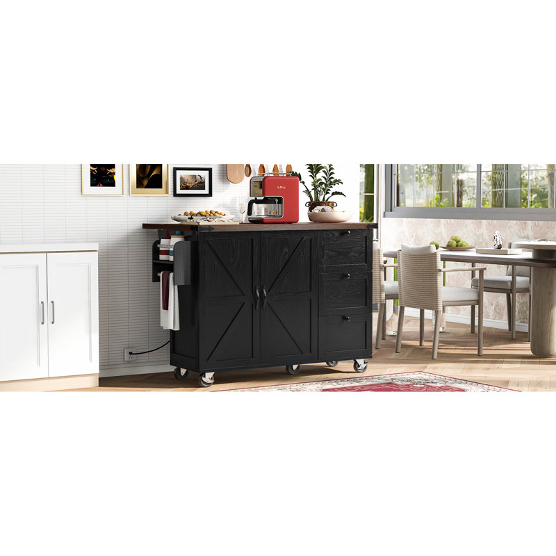 Kitchen Island Cart With Metal Decoration And Internal Storage, 54.5" Black Style Power Socket Drop Leaf Rack