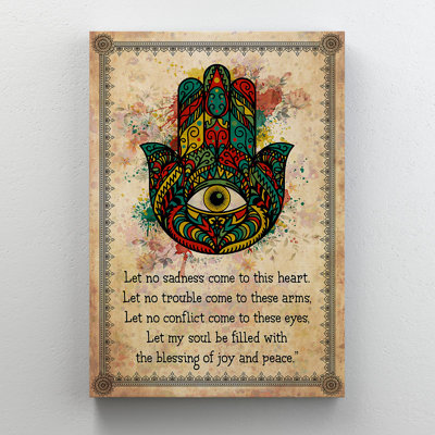 «Hamsa Hand With An Eye In Center - Let No Sadness Come To This Heart Let No Trouble Come To Ces Arms», reproduction d'art graphique sur toile tendue