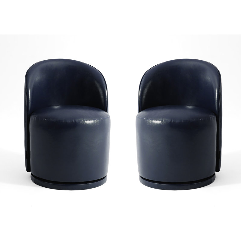 PU Leather Barrel Swivel Armless Dining Chair, Navy 