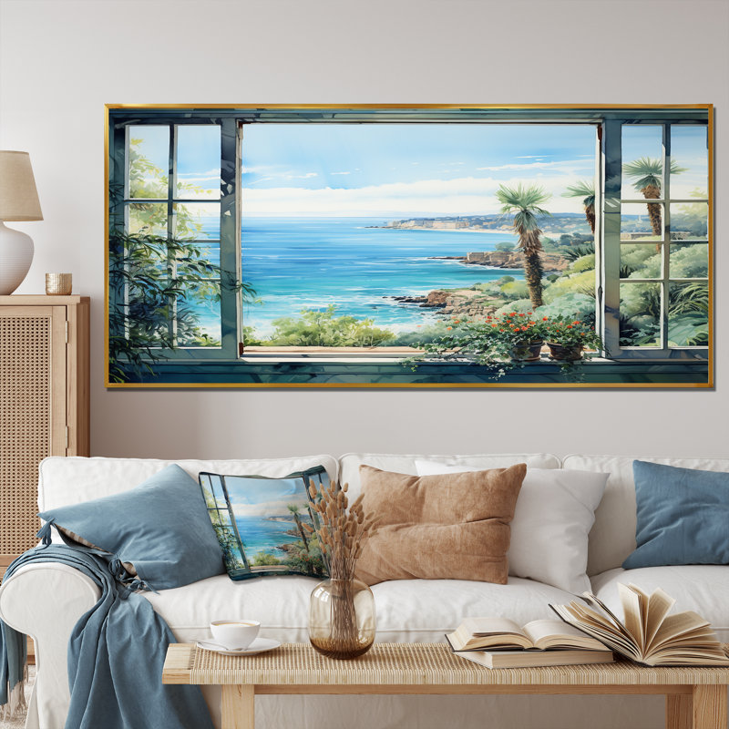Seaside, vue tropicale II - fenêtres côtières, art mural, Cadre d'angle fermé noir, H 16 po x l 32 po x P 1 po